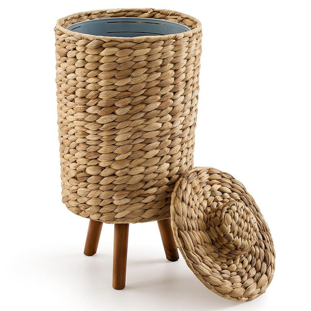 Tidita 2 Gallon Wicker Trash Can with Lid, Water Hyacinth Wicker Waste Basket for Bathroom - Decorative Bathroom Trash Can with Wooden Leg - Rattan Garbage Can with a Lid, Liner - Assembly Required
