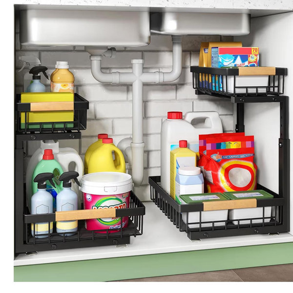 Kitstorack Under Sink Organizer, 2 Tier Under the Sink Storage, Slide out Pull out Cabinet Organizer Shelf, Metal Sliding Drawer for Kitchen Bathroom Pantry Closet Organization Rack, Black, 2 Pack