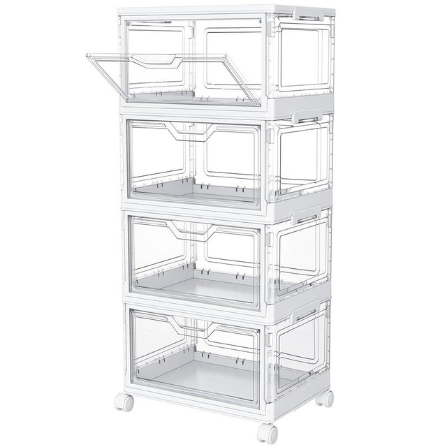 Kmiectse Clear Storage Bins with Lids,4 Tier Plastic Bins with Wheels,Stackable Storage Bin,Closet Organizers Box for Bedroom,Living Room,Toy,23 QT Folding Box with Magnetic door