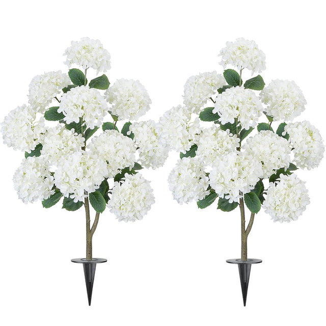 GTIDEA 2 Pack 3.5FT Artificial Hydrangea Tree Outdoor Fake Tree with Spikes Faux Hydrangea Bushes White Flower Tree for Outdoor Planters Front Porch Garden Patio Parterre Decor