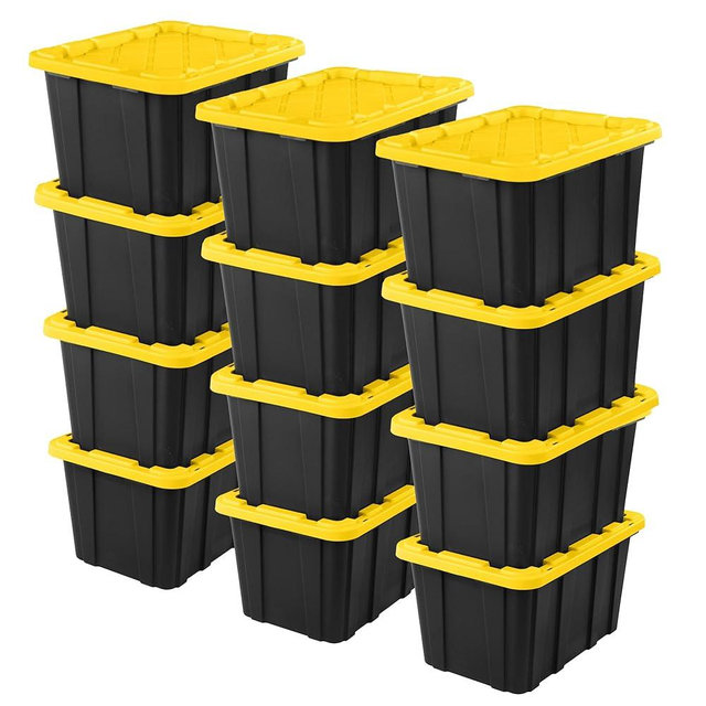 Sterilite 12-Pack Stackable Storage Bins, Heavy Duty Totes w/ Lids, 27 Gallon, Black/Yellow