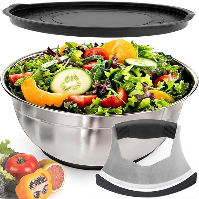 ZMCYNG Salad Chopper Bowl - Stainless Steel Salad Chopping Bowl, Salad Chopper Bowl and Cutter with Lid, Chef Grade Salad Chopper Blade and Bowl, Mezzaluna Mincing Knife, Super-fast Salad Prep