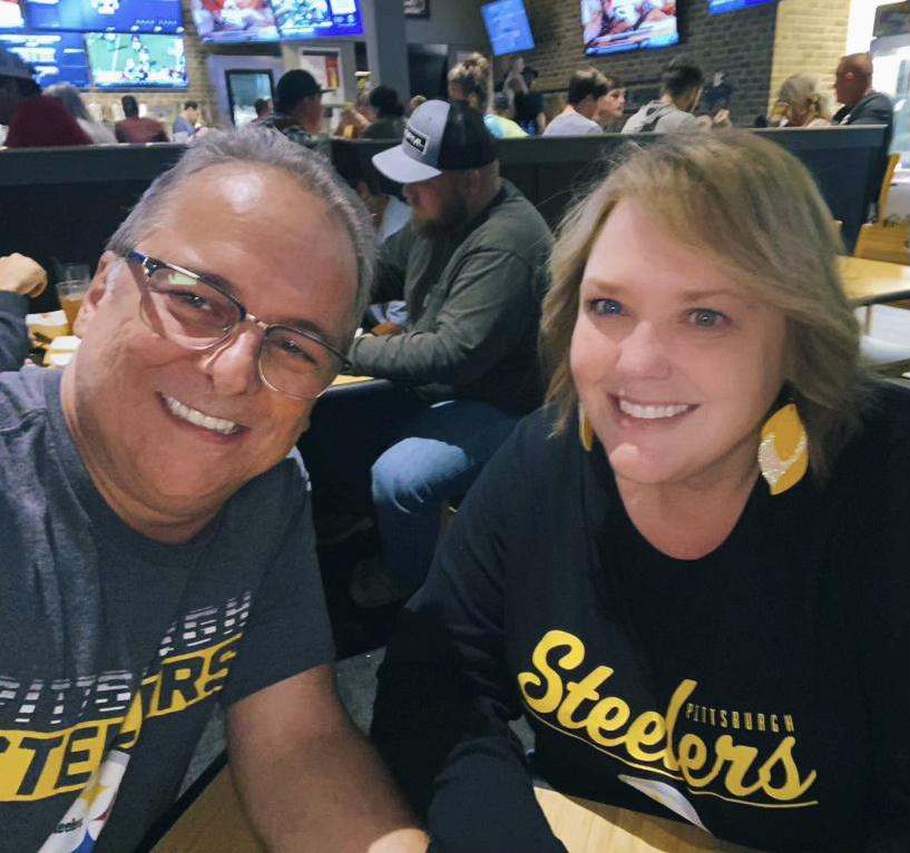 Watching our first Steelers game together after Greek class!