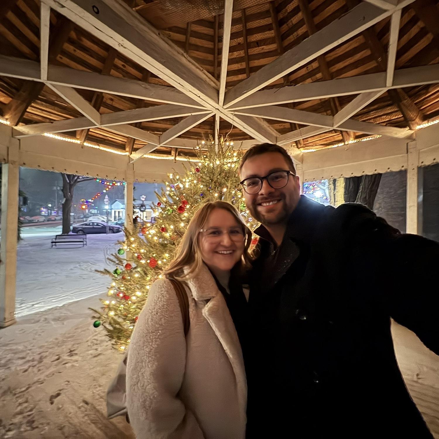 In the Lewiston gazebo at Christmas time, we got engaged here 8 months later!