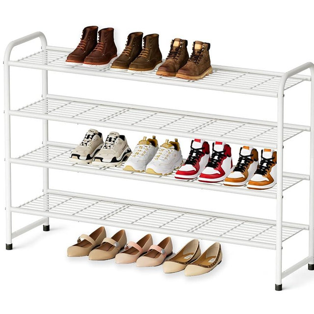KEETDY 4-Tier Long Shoe Rack for Closet Floor, Wide Shoe Organizer Storage, Stackable Shoe Rack for Entryway Metal Shoe Shelf for 30 Pairs Men Sneakers with Wire Grid for Bedroom, White
