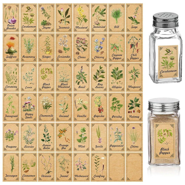 48PCS Herb and Spice Labels for Jars Bottles, Vintage Jars Stickers for Spice Cabinet Organization, Apothecary Labels Herblist Supplies(1.4"x2.4")
