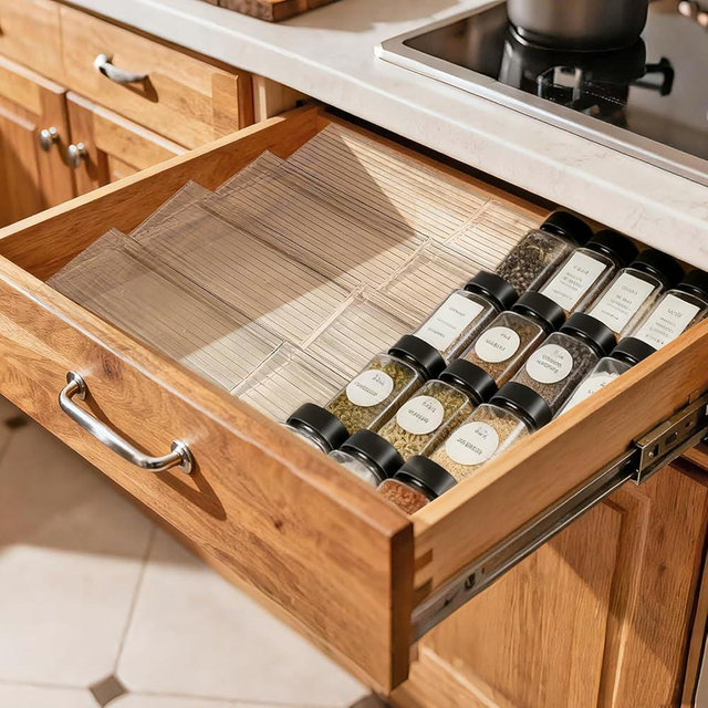 Pesilo Spice Drawer Organizer, 4 Tier- 8 Pack Clear Acrylic Drawer Seasoning Organizers, Kitchen Spice Rack Tray Expandable From 11" to 22", Spice Rack Insert for Cabinet Countertop(Jars Not Included)