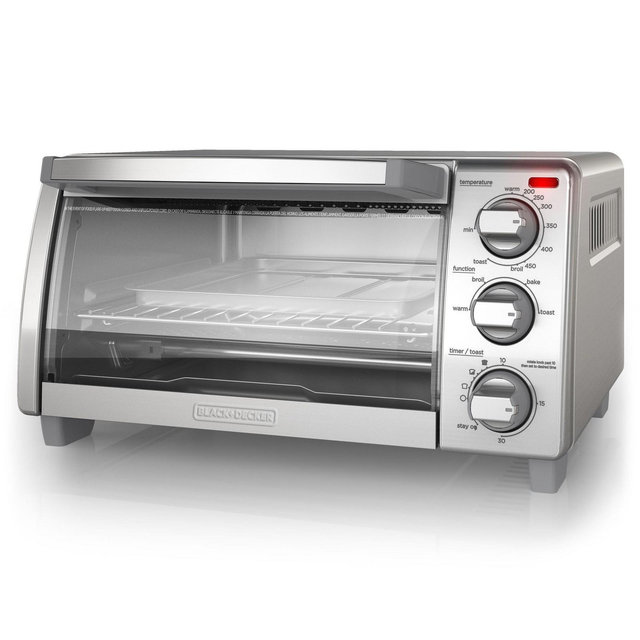 BLACK+DECKER 4-Slice Toaster Oven, TO1745SSG, Even Toast, 4 Cooking Functions Bake, Broil, Toast and Keep Warm, Removable Crumb Tray, Timer