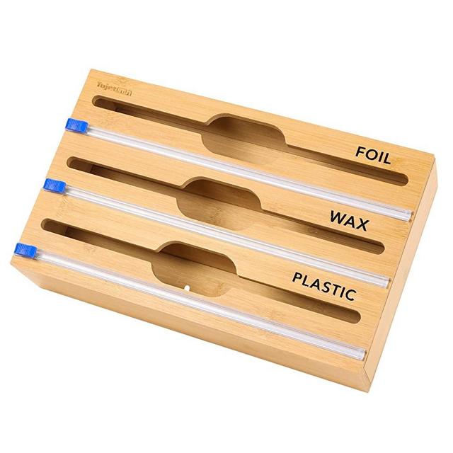 3 in 1 Wrap Dispenser with Cutter and Labels, Plastic Wrap, Aluminum Foil and Wax Paper Dispenser for Kitchen Drawer, Bamboo Roll Organizer Holder, Compatible with 12" Roll