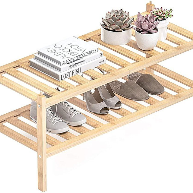 Dranixly Bamboo 2-Tier Shoe Rack Stackable Shoe Shelf Storage Organizer for Entryway, Hallway and Closet, 27.2"x11"x13.2" (Natural)