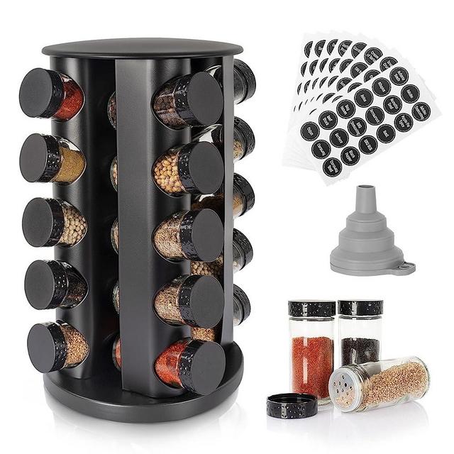 Black Countertop Rotating Spice Rack, Empty 20-Jars Revolving Spice Rack Organizer, Round Carousel Spice Rack Tower, 135 Spice Labels with Funnel Complete Set, for Kitchen Countertop, Cabinet