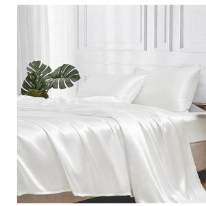 MR&HM Satin Bed Sheets, King Size Sheets Set, 4 Pcs Silky Bedding Set with 15 Inches Deep Pocket for Mattress (King, Ivory)