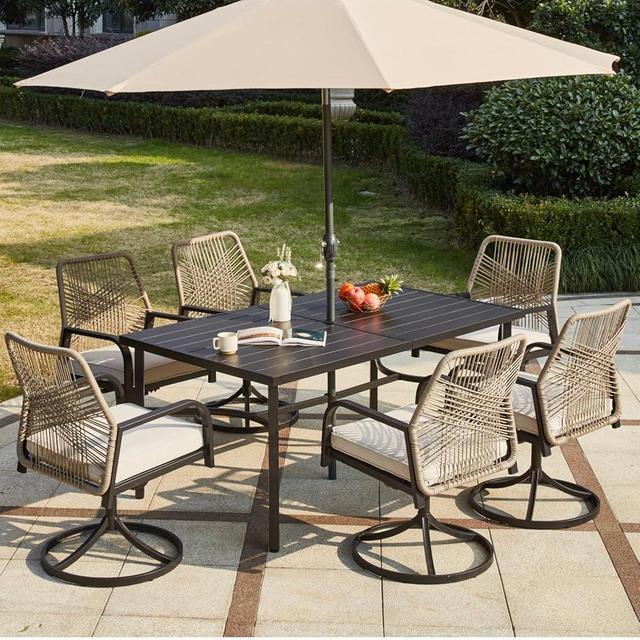 MELLCOM 7-Piece Outdoor Dining Set, 6 Swivel Rattan Chairs with Thick Cushions & Dining Table with Umbrella Hole, Patio Furniture Set for Porch, Garden, Backyard, Poolside, Deck, Beige