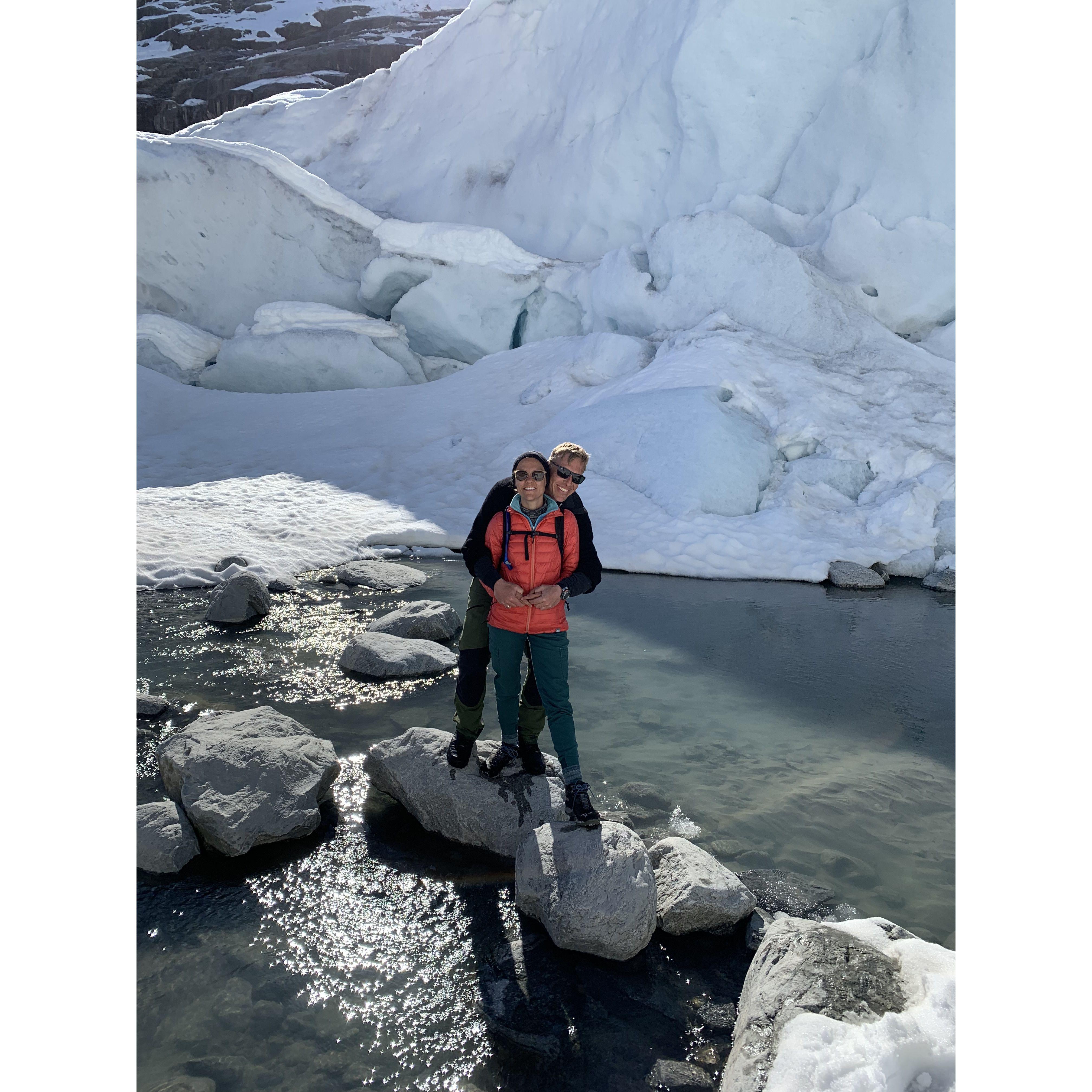 In front of a Norwegian glacier.