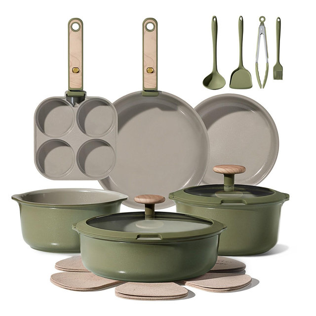Carote 19pc Flexible Drain Ceramic Nonstick Detachable Cookware Set Grass Green