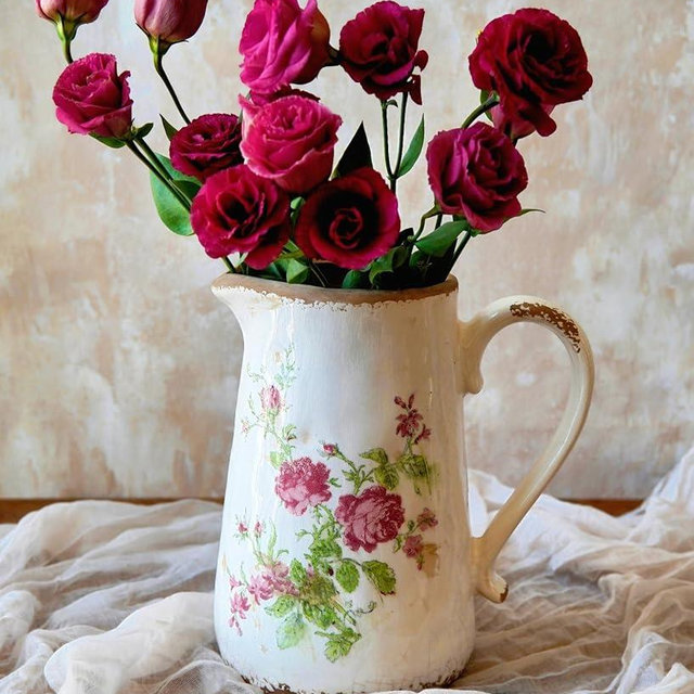 Vintage Rose Flora Ceramic Vase with Handle, Retro Ice Glazed Crack Farmhouse Pitcher Vase for Home Decor, Living Room, Shelf, Office, Rustic Table Centerpiece 9 Inch