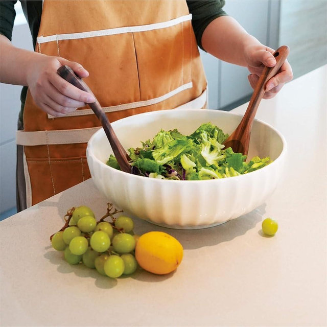 seicasaya 12-Inch Large Ceramic Salad Bowl Set with Wooden Servers, Decorative Serving Bowl with Ribbed Design for Pasta, Fruit (White)
