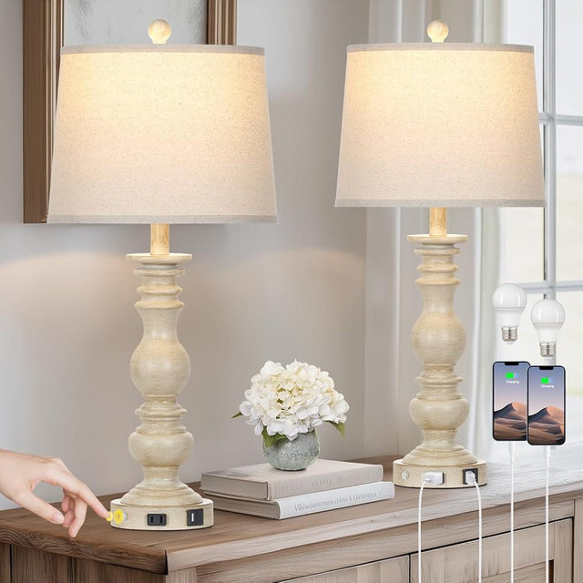 Cinkeda 28" Farmhouse Table Lamps Set of 2 with USB C+A Ports & AC Outlet for Vintage Living Room Retro Bedroom,3-Way Dimmable Touch Lamp Resin Bedside Lamps for Nightstand Side End Table, Beige