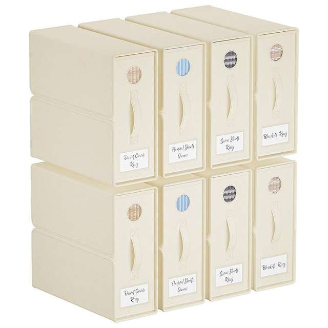 TRZZ 8-Pack Modern Beige Bedding Storage Box, Foldable Linen Bins with Window and Labels, Keeps Bedding Neatly Organized and Accessible, Queen/King Duvet Covers