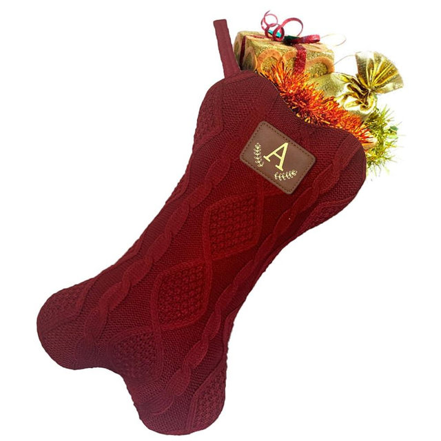 Della Stella Christmas Dog Stocking with Initials,Knitted Pet Christmas Stocking with Hanging Loop, Large Dog Bone Shape Holder (Red:Letter - A)