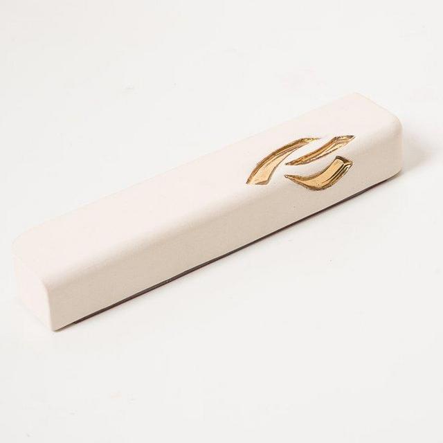 Ceramic Mezuzah with 24K Gold Shin, Medium White with Scroll