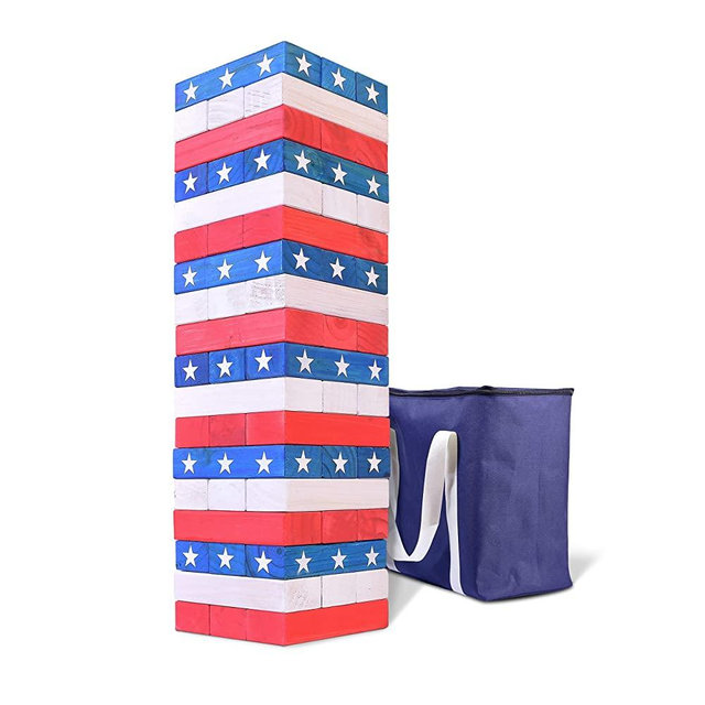 GoSports Giant Wooden Toppling Tower (Stacks to 5+ Feet) | Choose Between Natural, Brown Stain, Gray Stain or Stars and Stripes | Includes Bonus Rules with Gameboard | Made from Premium Pine