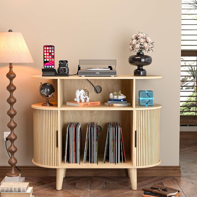 LUVIOHOME Large Round Record Player Stand with Charging Station & USB Ports，Record Storage Cabinet, Mid Century Modern Turntable Stand for Bedroom Living Room (Small Oak)