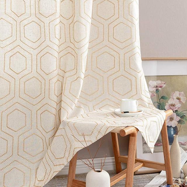 Yellow Window Curtains Honeycomb Embroidered Design Linen Textured Living Room Curtain Drapes Bedroom Bronze Grommet Window Treatment Set One Pair 63 inch
