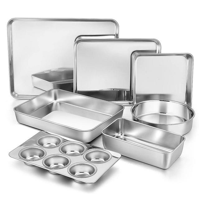 TeamFar Bakeware Sets of 7, Stainless Steel Bakeware Sets for Oven, Baking Sheet & Toaster Oven Pan, Square & Round Cake Pan, Muffin Pan & Loaf Pan, Lasagna Pan, Healthy & Sturdy, Dishwasher Safe