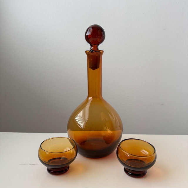Vintage Amber Glass Decanter Set with 2 Cups