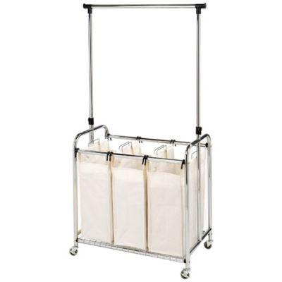 Seville Classics 3-Bag Laundry Sorter Hamper Cart with Hanging Bar in Natural