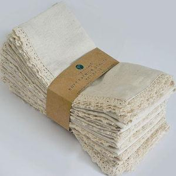 FINGERCRAFT Dinner Cloth Napkin Cotton Linen 12 Pack Vintage Rustic Premium Quality Mitered Corners Napkin Cloth with Elegant Lace for Everyday Use, Pre Shrunk and Good Absorbency 20x20 in Ivory