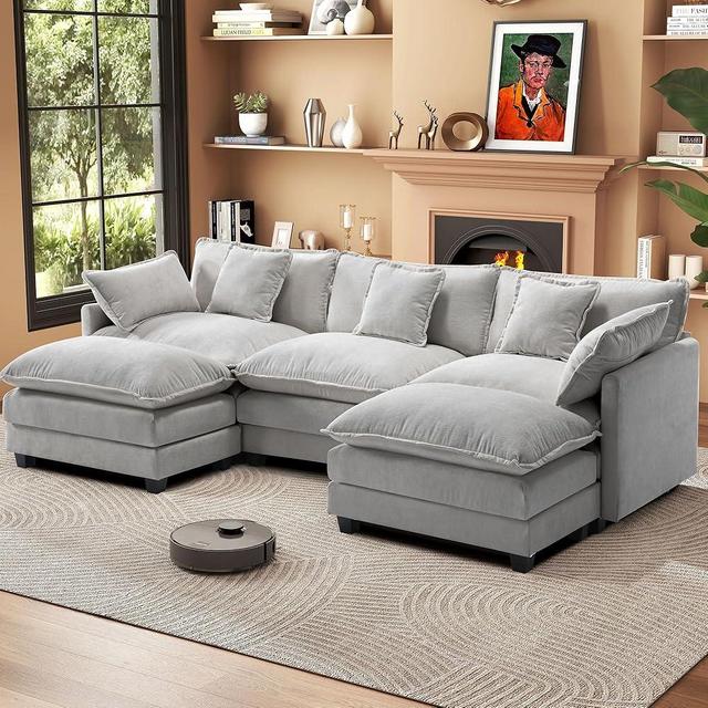 URhanherry111.4” Modular Sectional Sofa, U Shape Cloud Couch with 2 Movable Ottoman, Comfy Chenille Deep Seat Sofa with Soft Pillows for Living Room Apartment （Grey）