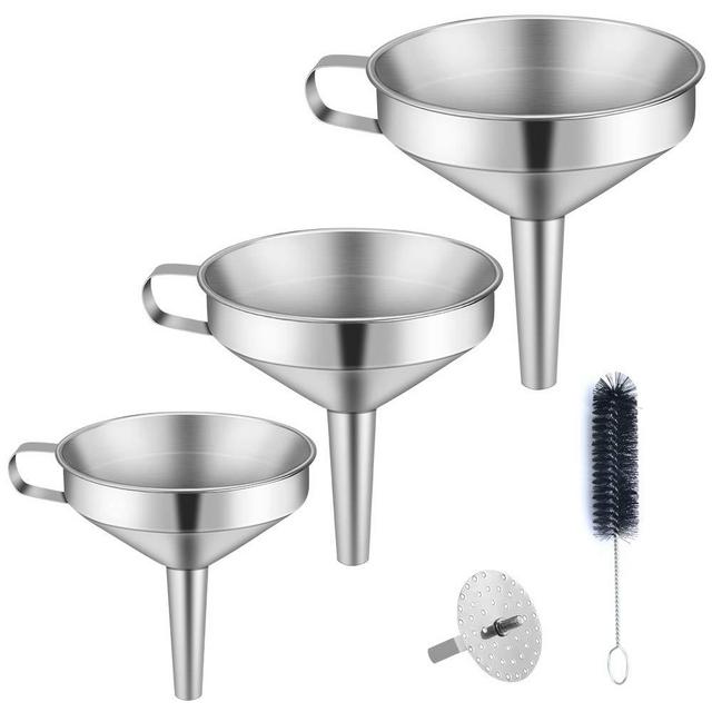 Kitchen Funnel, 3 Piece Stainless Steel Funnels Set with Handle Design and Removable Strainer, Great for Transferring of Liquid, Fluid, Dry Ingredients & Powder, Durable and Dishwasher Safe
