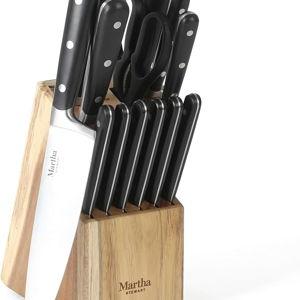 Martha Stewart Eastwalk 14 Piece High Carbon Stainless Steel Cutlery Knife Block Set w/ABS Triple Riveted Forged Handle Acacia Wood Block - Matte Black