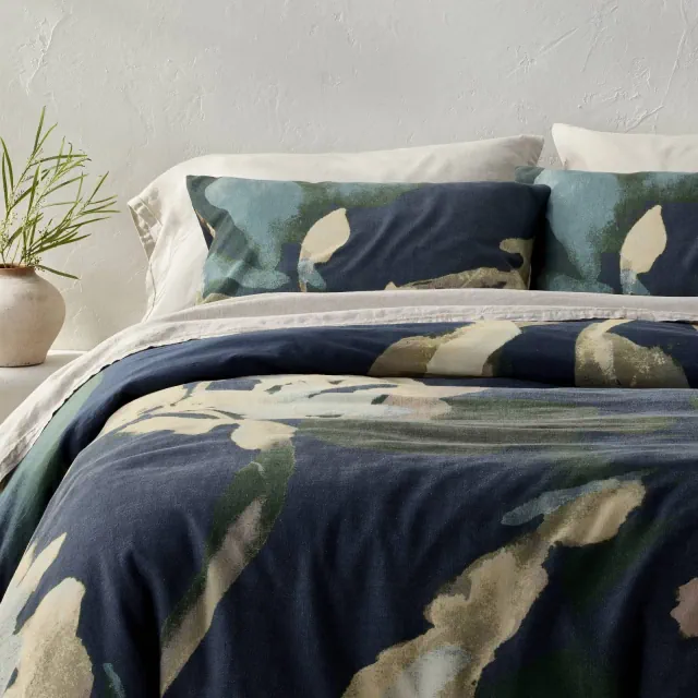Full/Queen Heavyweight Linen Blend Duvet Cover and Sham Set Navy Floral Print- Casaluna™