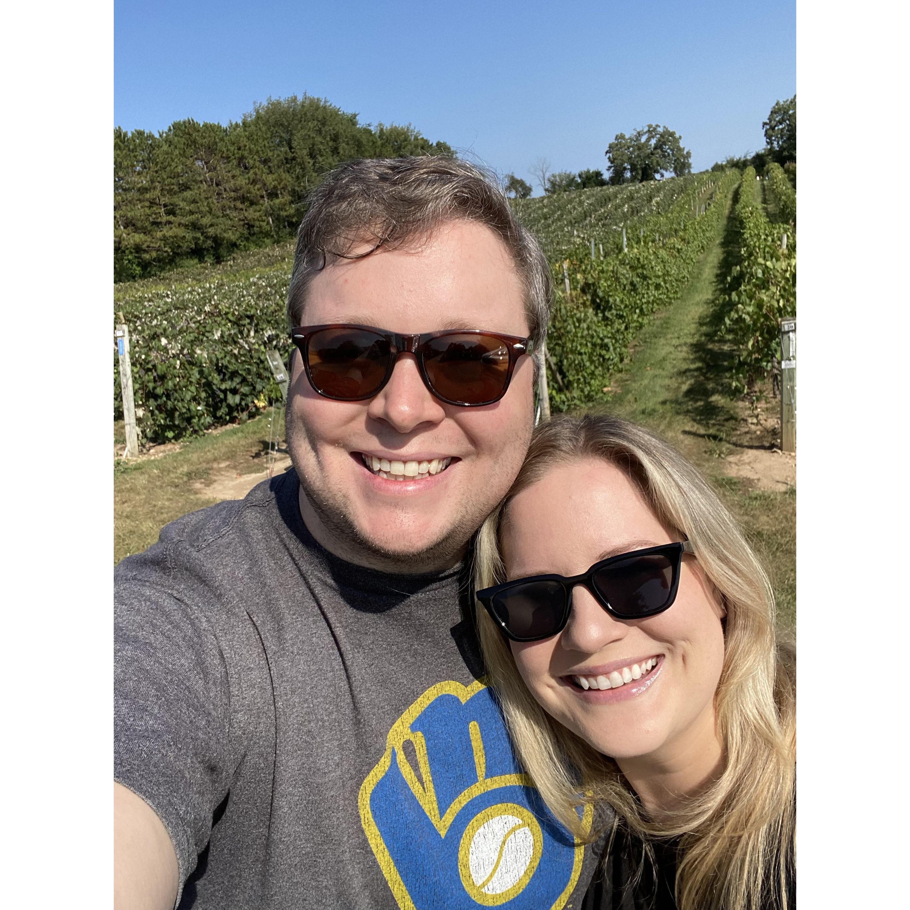 Erica's first time helping Mike harvest wine grapes.
