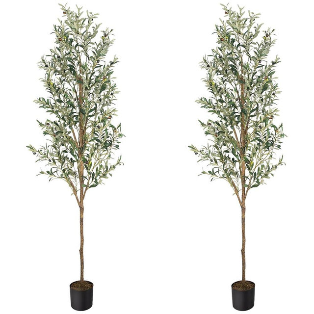 MCTYBB Artificial Fake Olive Tree 7FT Tall 2Pack Faux Silk Olive Tree for Home Living Room Office Decor Faux Artificial Plants Indoor Fake Potted Plants with Fruit & Free Moss