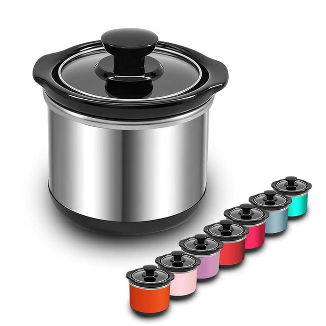 cupsync Mini Slow Cooker, 0.65 Qt Capacity small slow cooker, Ceramic Pot, Nutrient Loss Reduction, For Sauces, Stews & Dips, Stainless Steel Exterior, Round