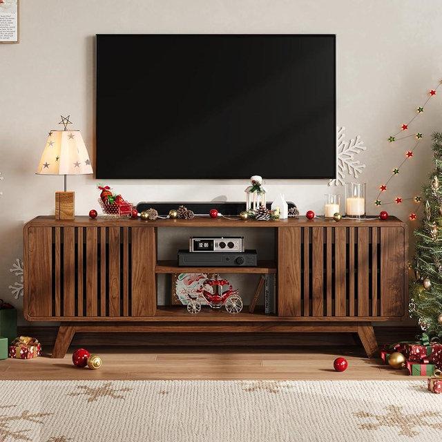 ONBRILL 63-Inch TV Stand for TVs up to 75 Inch, Mid-Century Modern Television Stand with Power Outlet, Entertainment Center with Sliding Grille Door Cabinets and Open Shelves for Living Room, Walnut