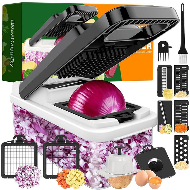 StoreHappily 12-in-1 Vegetable Chopper, 7 Blades Veggie Chopper with Container and Lid, Dicer, Slicer, Multifunctional Kitchen Gadgets, Vegetable Cutter with Handle, Onion Cutter(Black/White)