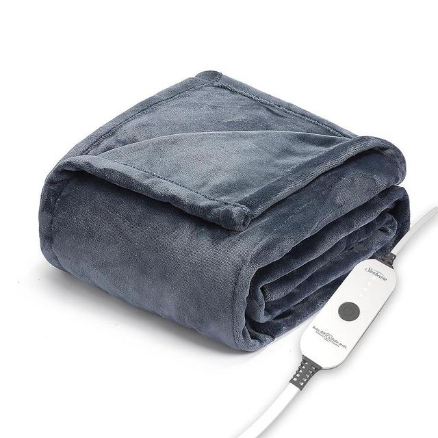 Sunbeam Royal Posh Velvet Heated Throw Electric Blanket, 50" x 60", 4 Heat Settings, 4-Hour Auto Shut-Off, Warming Throw for Couch, Fast Heating, Machine Washable, Warm and Cozy, Rain Storm Blue