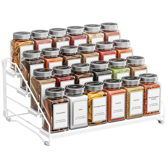 BOIVSHI Tiered Spice Rack, 4 Tier Spice Shelf Organizer for Cabinet, Spice Rack Organizer, Depth Adjustable Seasoning Rack Organizer for Cabinet, Countertop, Pantry, Metal, White (1 Pack)