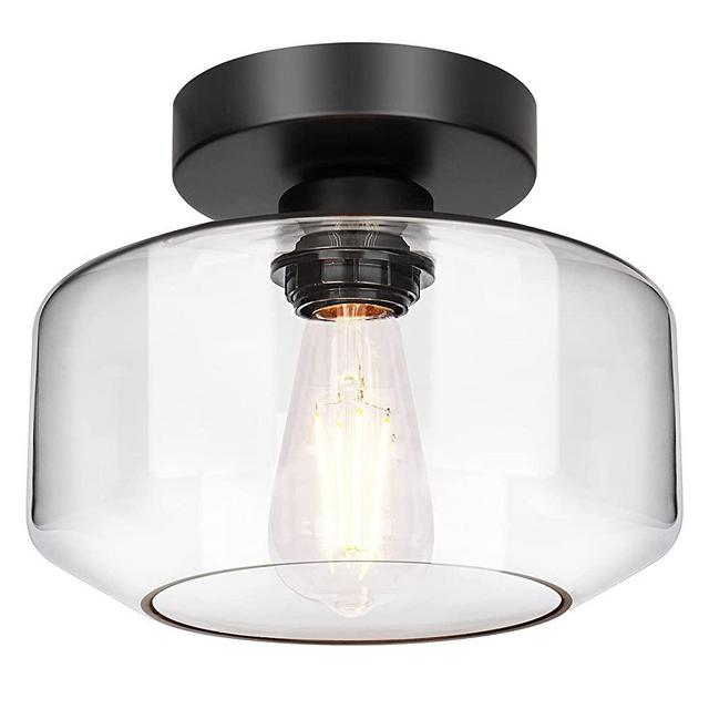 Industrial Semi Flush Mount Ceiling Light, 800 Lumen LED Bulb Included, Clear Glass Shade Ceiling Light Fixture, Farmhouse Light Fixture for Hallway Corridor Kitchen Bathroom Bedroom Passway