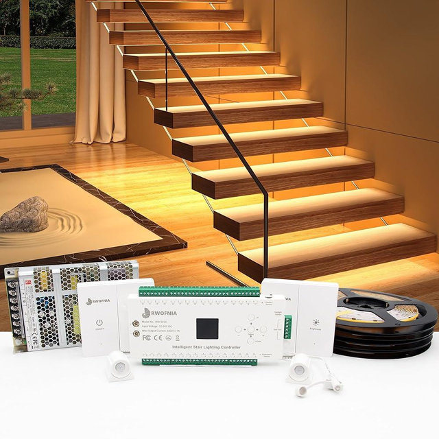 RWOFNIA RW-5630 Motion-Activated LED Stair Lighting Kit with Daylight Sensor, 48" Warm White 3000K Cuttable Strip Light for Indoor LED Stair Lights (16 Steps)