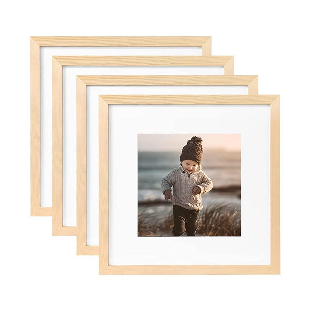 KINLINK 12x12 Picture Frames, Square Natural Wood Frames with Acrylic Plexiglass for Pictures 8x8 With Mat, Wall Mounting Display, Set of 4