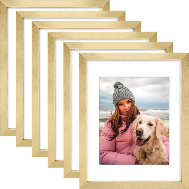 AUEAR 11x14 Picture Frames Set of 6, with Mat for 8x10 or 11x14 Without Mat, Composite Wood Gallery Photo Frames with Plexiglass, Wall Mounting (Gold)