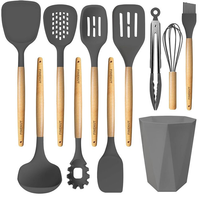 Silicone Cooking Utensils Set 11PCS - BPA-Free & Non-Toxic 446°F Heat Resistant, Wooden Handle Kitchen Tools for Nonstick Cookware, Heat Resistant & Scratch-Proof Includes Spatula/Turner/Ladle (Gray)