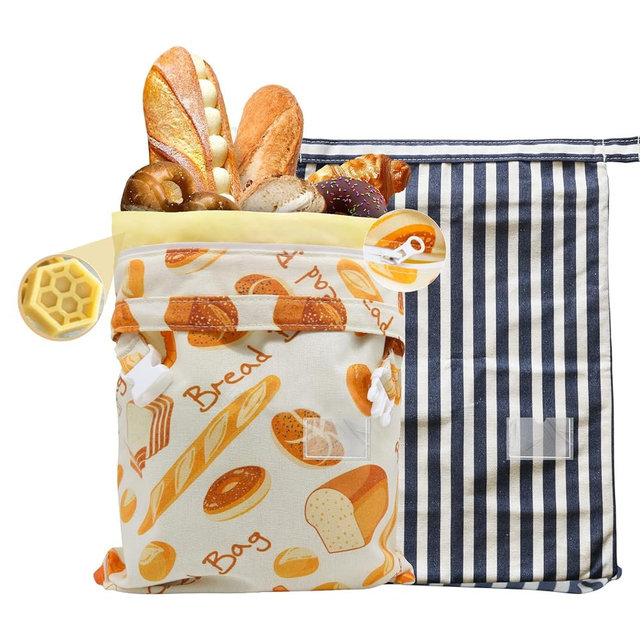 2 Pack Beeswax Bread Bags for Homemade Bread, Sourdough, Reusable Bread Bag XL Eco-Friendly Fresh Food Storage with Buckle & Zipper, Moisture Lock, Keeps Bakes Fresh Longer
