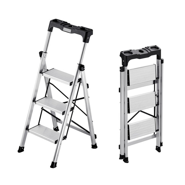 VEVOR 3 Step Ladder, Folding Step Stool with Wide Anti-Slip Pedal and Comfort Handgrip, 330 lbs Capacity Portable Aluminum Stepladder, Silver